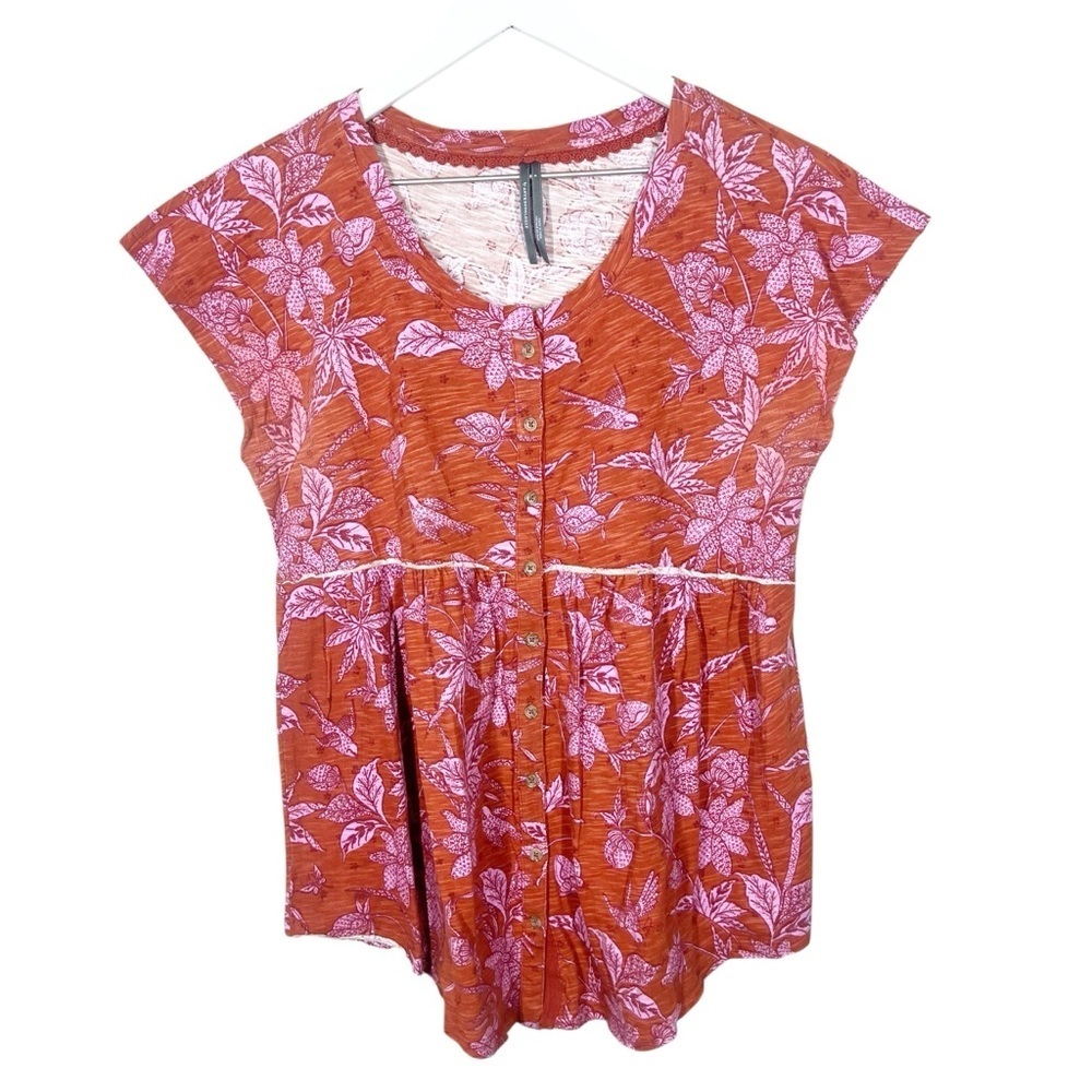 Anthropologie Womens Pink Orange Floral Button Up Cotton Blouse Shirt Small